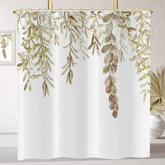 Botanical Shower Curtains (72" x 72"), Watercolor Autumn Eucalyptus Leaf Plant Tan Bathroom Curtain for Bathtub Home Decoration Waterproof Fabric Machine Washable with 12 Hooks