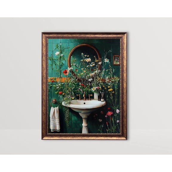 Botanical Sink, Floral Bathroom Wall Art, Moody Wildflowers Bath Print, Cottagecore Decor Dark Green Prints Plants Flowers Vintage Poster, Stretched Canvas Size 8x12