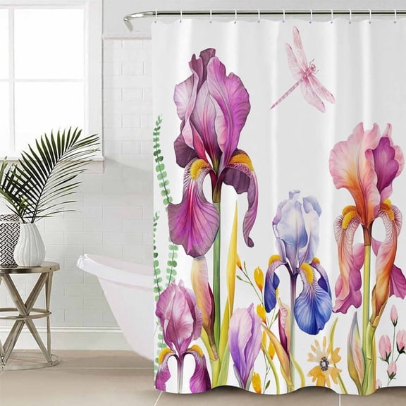 Botanical, Small Stall Shower Curtain, Waterproof Shower Curtains for Bathroom, Spring Dragonfly Flower Leaves Modern White Washable Fabric Cloth Bath Curtain for Bathtub with Hooks 36x72 Inches