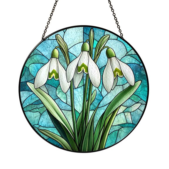 Botanical Snowdrop Glass Suncatcher Window Hanging, Stained Glass Style Elegant Floral Decor