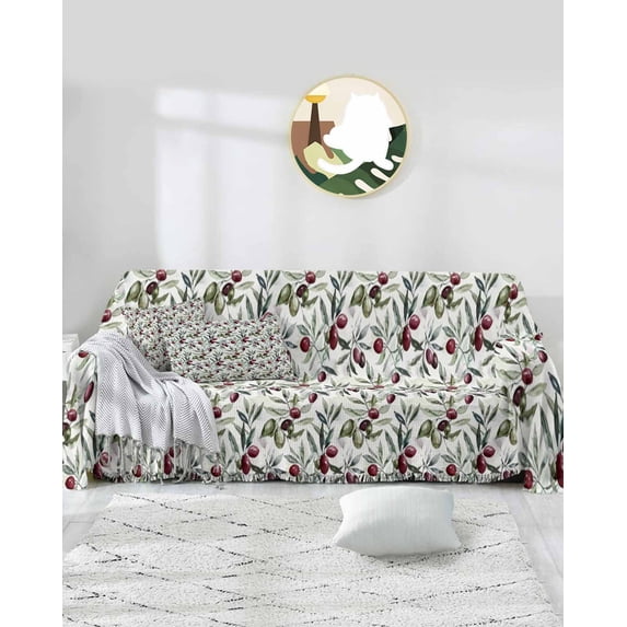 Botanical Sofa Covers for 3 Cushion,Washable Couch Cover for Sectional Sofa Slipcovers with Tassel,Green Tropical Leaves Red Berry Plant Leaves Loveseat Covers Futon Cover Throw Blanket 71''x118''