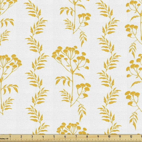 Ambesonne Botanical Fabric by the Yard Upholstery, Branches Tansy Flowers, 1 Yard, Earth Yellow and White