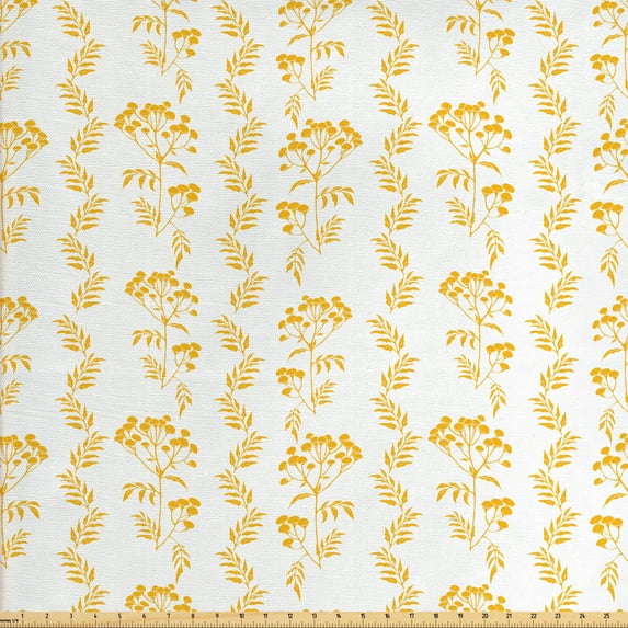 Ambesonne Botanical Fabric by the Yard Upholstery, Branches Tansy Flowers, 5 Yards, Earth Yellow and White