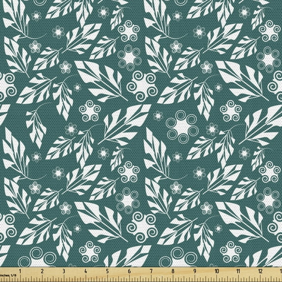 Ambesonne Botanical Fabric by the Yard Upholstery, Forest Nature Blooming, 5 Yards, Dark Teal White