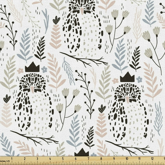 Botanical Sofa Upholstery Fabric by the Yard, Doodle Owl with Crown Flowers Trees Forest Herbs Berries, Decorative Fabric for DIY and Home Accents, Rose Dust by Ambesonne