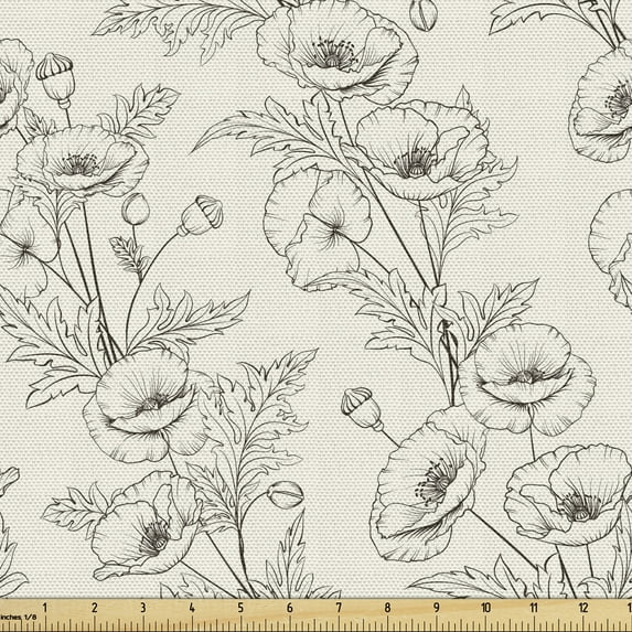 Botanical Sofa Upholstery Fabric by the Yard, Floral Theme Poppy Flowers and Buds Pattern Doodle Style Garden Leaf Motifs, Decorative Fabric for DIY and Home Accents, Dark Brown White by Ambesonne