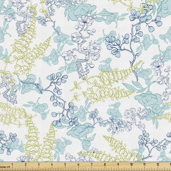 Botanical Sofa Upholstery Fabric by the Yard, Garden Art Repetitive Motif with Leafy and Floral Branches Pastel Tone, Decorative Fabric for DIY and Home Accents, Seafoam Avocado Green by Ambesonne