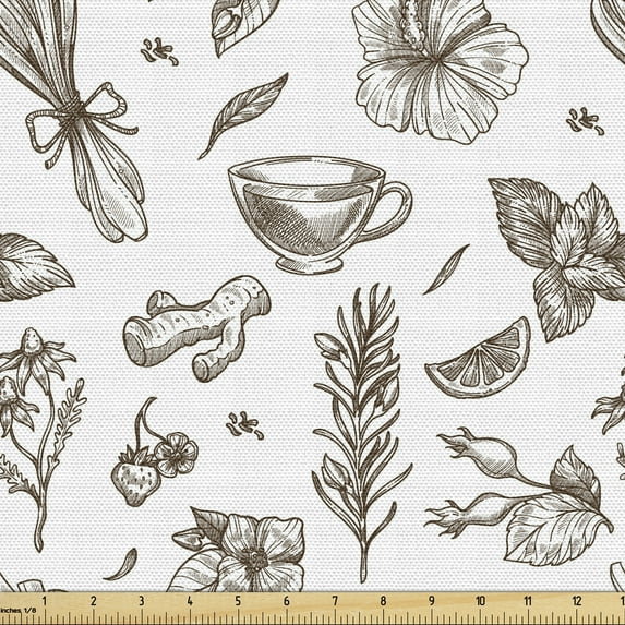 Botanical Sofa Upholstery Fabric by the Yard, Sketchy Herbs Pattern with Hand Drawn Herbal Tea Motifs and Plants, Decorative Fabric for DIY and Home Accents, Multicolor by Ambesonne