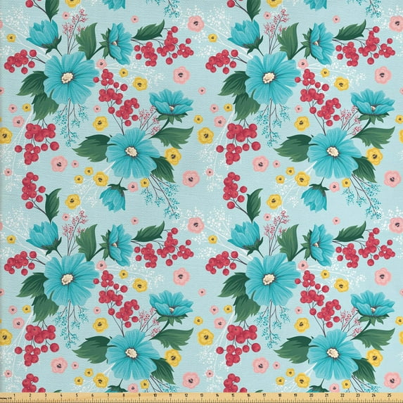 Botanical Sofa Upholstery Fabric by the Yard, Spring Foliage with Berries Flowers Retro Foliage Inspirational Gardening Theme, Decorative Fabric for DIY and Home Accents, Multicolor by Ambesonne