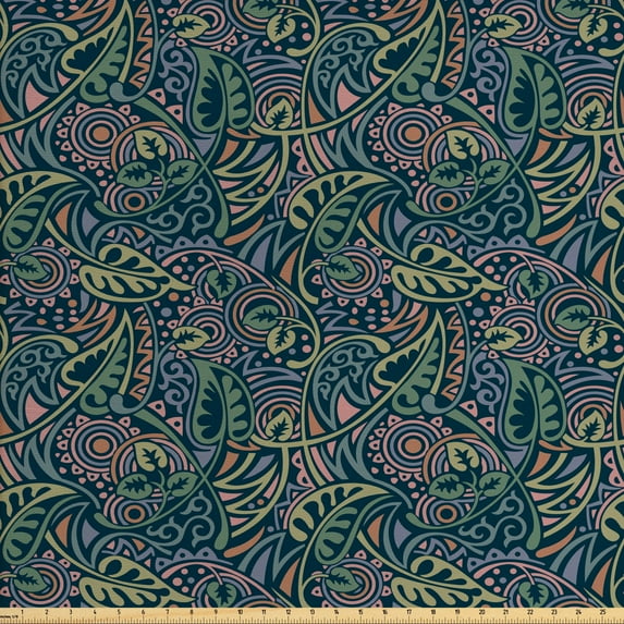 Ambesonne Botanical Fabric by the Yard Upholstery, Vintage Muted Tone Leaves, 3 Yards, Petrol Blue Reseda Green