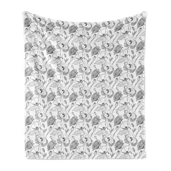 Botanical Soft Flannel Fleece Blanket, Abstract Outline Drawings of Poppies Buds and Blossoms Garden Art Meadow, Cozy Plush for Indoor and Outdoor Use, 50" x 70", Charcoal Grey White, by Ambesonne