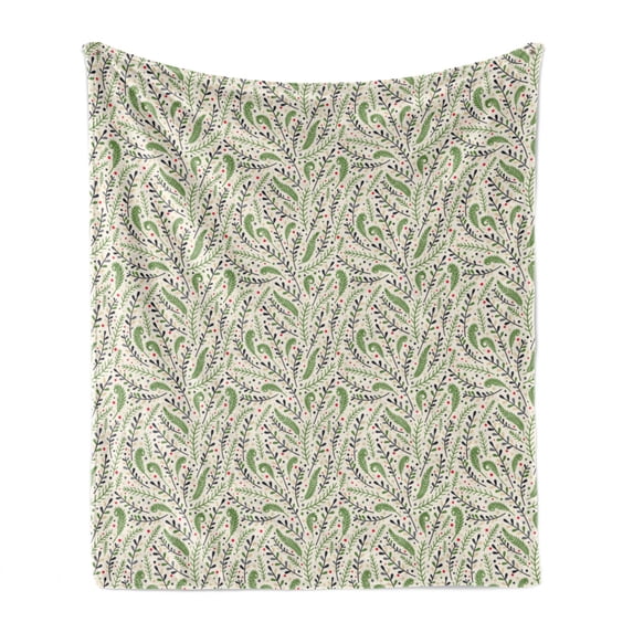 Botanical Soft Flannel Fleece Blanket, Colorful Leaves and Mother Nature Branches of Curved Bouquets Dots, Cozy Plush for Indoor and Outdoor Use, 60" x 80", Eggshell and Multicolor, by Ambesonne