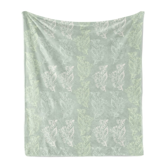 Botanical Soft Flannel Fleece Blanket, Continuous Abstract Flowers Illustration Print in Pastel Nature Tones, Cozy Plush for Indoor and Outdoor Use, 70" x 90", Pale Sage Green White, by Ambesonne