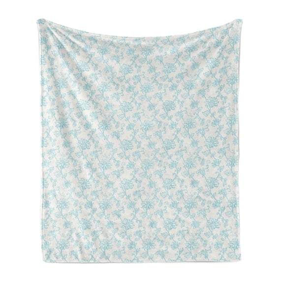 Botanical Soft Flannel Fleece Blanket, Detailed Intricate Floral Ornaments Romantic Pure Tones Illustration, Cozy Plush for Indoor and Outdoor Use, 60" x 80", Pale Blue and Off White, by Ambesonne