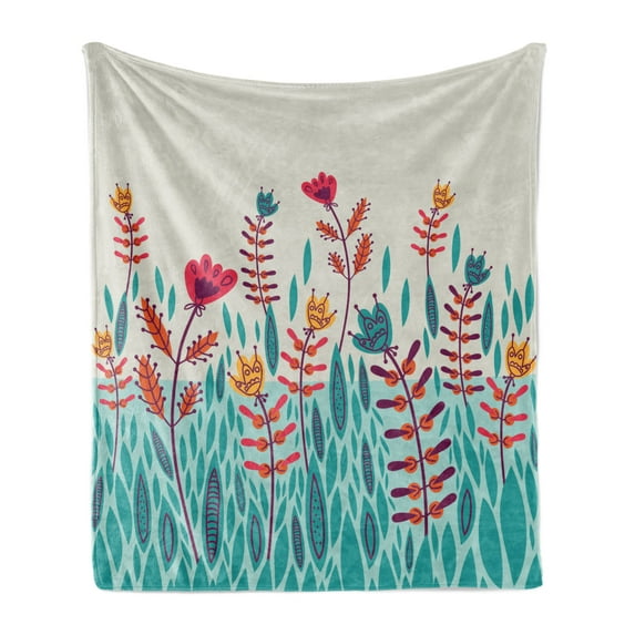 Botanical Soft Flannel Fleece Blanket, Doodle Ornamental Poppy Flower with Abstract Sketch Leaves and Grass Meadow Print, Cozy Plush for Indoor and Outdoor Use, 50" x 70", Multicolor, by Ambesonne