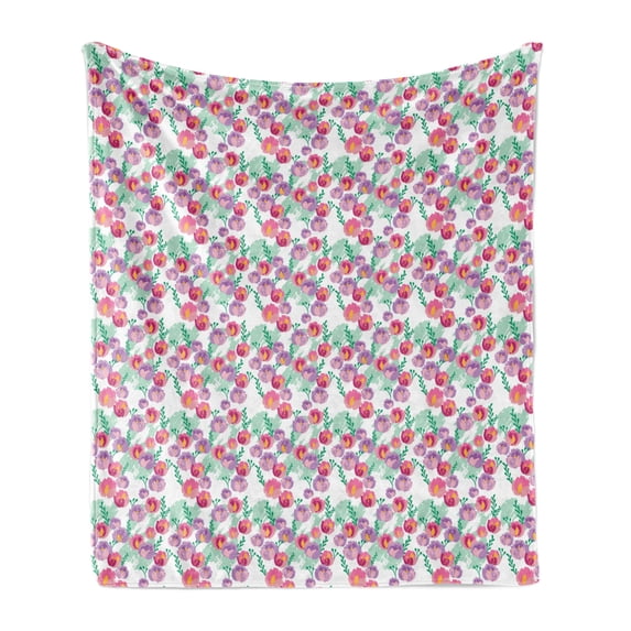 Botanical Soft Flannel Fleece Blanket, Floral Themed Pattern of Natural Motifs Flowers in Watercolor Paint Green Leaves, Cozy Plush for Indoor and Outdoor Use, 50" x 60", Multicolor, by Ambesonne