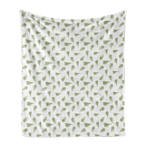 Botanical Soft Flannel Fleece Blanket, Hand Drawn Philodendron Leaves Images in Repeating Design Monochrome Art, Cozy Plush for Indoor and Outdoor Use, 60" x 80", Olive Green White, by Ambesonne