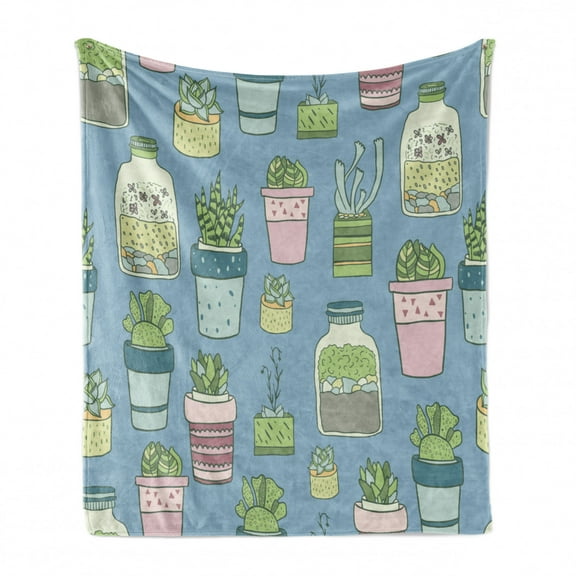 Botanical Soft Flannel Fleece Blanket, Hand Drawn Terrariums Houseplants and Succulents in Pots Gardening Themed Print, Cozy Plush for Indoor and Outdoor Use, 50" x 70", Multicolor, by Ambesonne