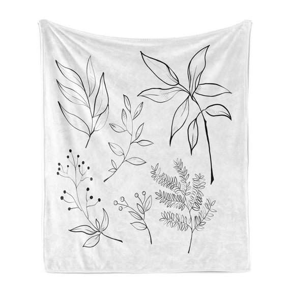 Botanical Soft Flannel Fleece Blanket, Hand-drawn Sketched Botanical Theme Tropical Leaves Twiggy Branched Foliage, Cozy Plush for Indoor and Outdoor Use, 70" x 90", Black and White, by Ambesonne