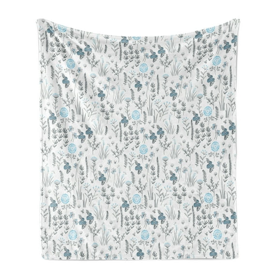 Botanical Soft Flannel Fleece Blanket, Herbs Leaves Flowers Mother Nature Dandelion Bluebells Berries Artwork, Cozy Plush for Indoor and Outdoor Use, 50" x 70", Slate Blue White Grey, by Ambesonne