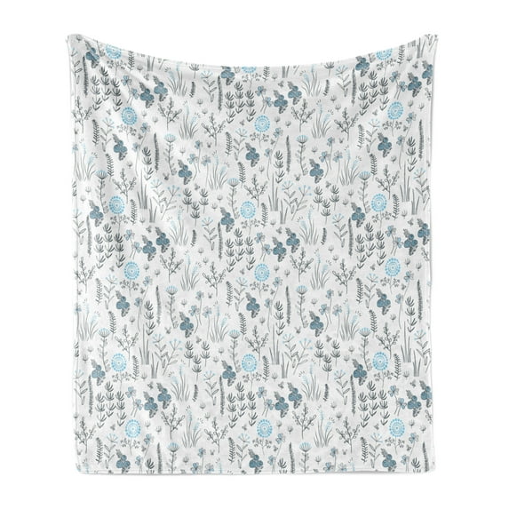 Botanical Soft Flannel Fleece Blanket, Herbs Leaves Flowers Mother Nature Dandelion Bluebells Berries Artwork, Cozy Plush for Indoor and Outdoor Use, 70" x 90", Slate Blue White Grey, by Ambesonne