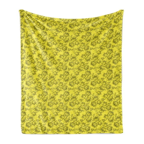 Botanical Soft Flannel Fleece Blanket, Modernistic Monochrome Design Outline Sketchy Drawn Roses and Buds, Cozy Plush for Indoor and Outdoor Use, 60" x 80", Yellow and Charcoal Grey, by Ambesonne