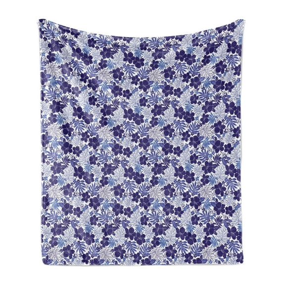 Botanical Soft Flannel Fleece Blanket, Monstera Leaves Hibiscus Flowers Palm Tropical Plants Boho Hippie, Cozy Plush for Indoor and Outdoor Use, 70" x 90", Indigo Violet Blue White, by Ambesonne