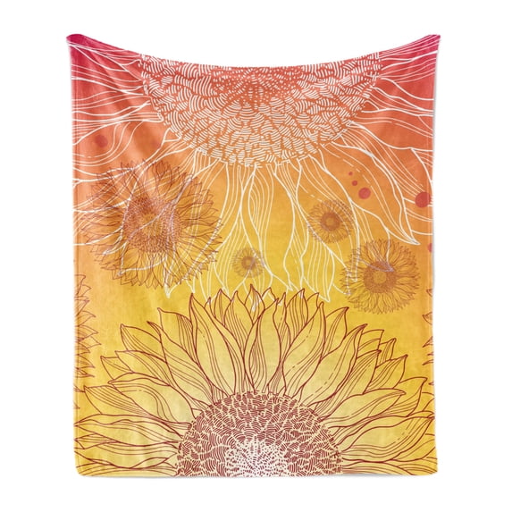 Botanical Soft Flannel Fleece Blanket, Sunflowers in Warm Colors Doodle Agriculture Design Blooming Plants, Cozy Plush for Indoor and Outdoor Use, 50" x 70", Orange Yellow Burgundy, by Ambesonne