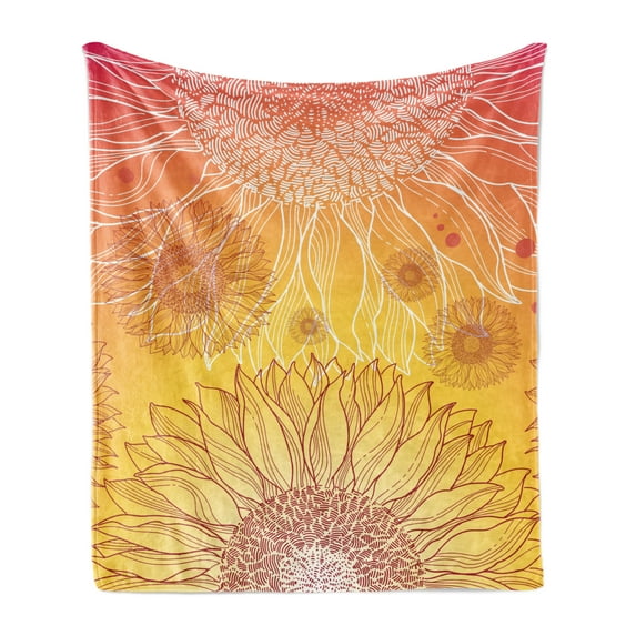 Botanical Soft Flannel Fleece Blanket, Sunflowers in Warm Colors Doodle Agriculture Design Blooming Plants, Cozy Plush for Indoor and Outdoor Use, 70" x 90", Orange Yellow Burgundy, by Ambesonne