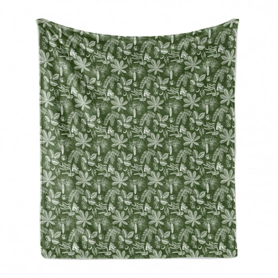 Botanical Soft Flannel Fleece Blanket, Vintage Leaf Engraved Sketch Herbs Forest Chestnut Kernel Conifer Oak, Cozy Plush for Indoor and Outdoor Use, 50" x 70", Olive Green and White, by Ambesonne