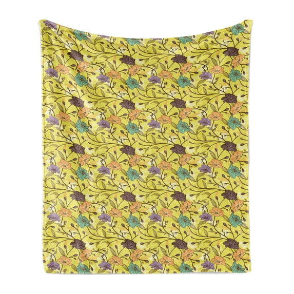 Botanical Soft Flannel Fleece Throw Blanket, Blooming Flowers on Swirling Branches Lively Spring Trees Rural Woodland Theme, Cozy Plush for Indoor and Outdoor Use, 50" x 60", Multicolor, by Ambesonne