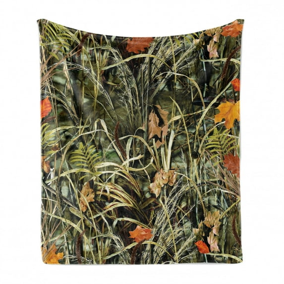 Botanical Soft Flannel Fleece Throw Blanket, Close up Autumn Themed Nature View Photo with Sere Leaves and Herbs, Cozy Plush for Indoor and Outdoor Use, 50" x 60", Sage Green Multicolor, by Ambesonne