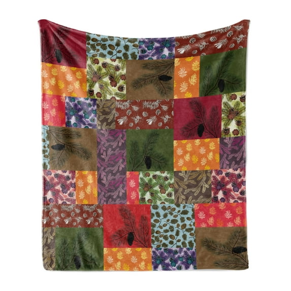Botanical Soft Flannel Fleece Throw Blanket, Colorful Pine Branches with Corns in Sqaures Patchwork Style Graphic, Cozy Plush for Indoor and Outdoor Use, 50" x 60", Multicolor, by Ambesonne