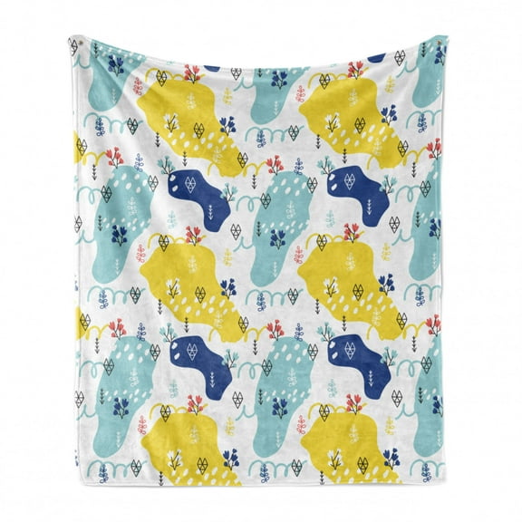 Botanical Soft Flannel Fleece Throw Blanket, Doodle Style Summer Elements Geometric Shapes Garden Leaves Blossoms, Cozy Plush for Indoor and Outdoor Use, 50" x 70", White and Multicolor, by Ambesonne