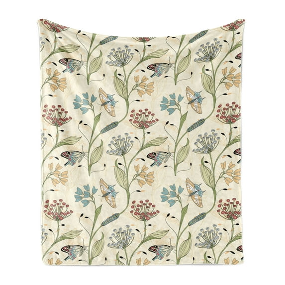 Botanical Soft Flannel Fleece Throw Blanket, Forest Insects and Flowers Flourishing Pastel Blossom Herbs Butterfly, Cozy Plush for Indoor and Outdoor Use, 50" x 60", Eggshell Multicolor, by Ambesonne