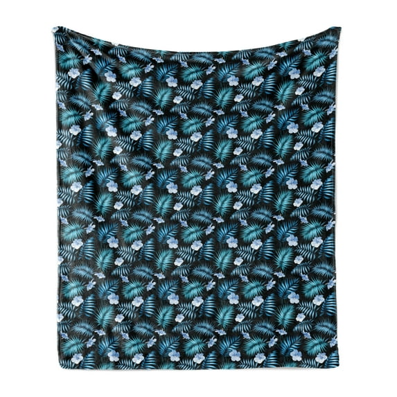 Botanical Soft Flannel Fleece Throw Blanket, Hawaiian Jungle Rainforest Growth Pale Blue Blossoms Palm Leaves Illustration, Cozy Plush for Indoor and Outdoor Use, 50" x 70", Multicolor, by Ambesonne