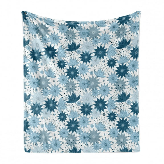Botanical Soft Flannel Fleece Throw Blanket, Illustration of Festoon Theme Floral Pattern Blooming Flowers in Soft Tones, Cozy Plush for Indoor and Outdoor Use, 70" x 90", Night Blue, by Ambesonne