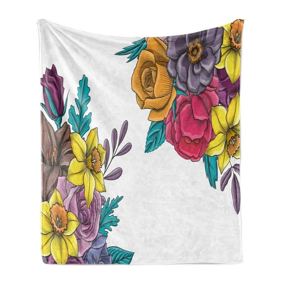 Botanical Soft Flannel Fleece Throw Blanket, Illustration of Romantic Bouquet of Colorful Flowers on Plain Background, Cozy Plush for Indoor and Outdoor Use, 50" x 60", Multicolor, by Ambesonne