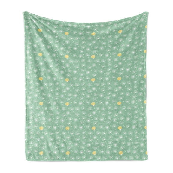 Botanical Soft Flannel Fleece Throw Blanket, Minimalistic Nature Doodle Pattern of Dandelions, Cozy Plush for Indoor and Outdoor Use, 50" x 60", Almond Green White, by Ambesonne