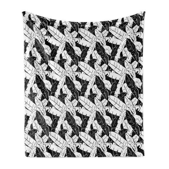 Botanical Soft Flannel Fleece Throw Blanket, Monochromatic Banana Leaves Coconut Tropical Forest Sketch Style Exotic, Cozy Plush for Indoor and Outdoor Use, 50" x 60", Black and White, by Ambesonne