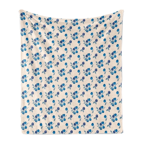 Botanical Soft Flannel Fleece Throw Blanket, Mountain Blueberries Fruit Branches Organic Cottage Garden Concept, Cozy Plush for Indoor and Outdoor Use, 50" x 60", Beige Cobalt Blue Plum, by Ambesonne