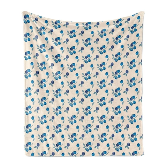 Botanical Soft Flannel Fleece Throw Blanket, Mountain Blueberries Fruit Branches Organic Cottage Garden Concept, Cozy Plush for Indoor and Outdoor Use, 60" x 80", Beige Cobalt Blue Plum, by Ambesonne