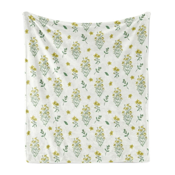 Botanical Soft Flannel Fleece Throw Blanket, Remedy Concept Healing Wildflowers and Herbs Pattern, Cozy Plush for Indoor and Outdoor Use, 70" x 90", Reseda Green Yellow, by Ambesonne