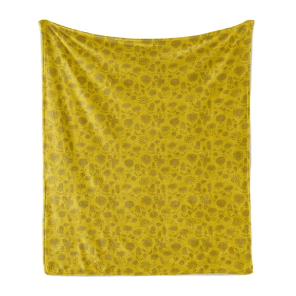 Botanical Soft Flannel Fleece Throw Blanket, Retro Style Garden Scattered Abstract and Floral, Cozy Plush for Indoor and Outdoor Use, 70" x 90", Khaki Yellow, by Ambesonne