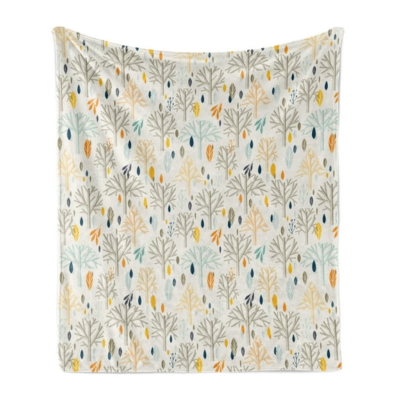 Botanical Soft Flannel Fleece Throw Blanket, Rhythmic Design Abstract Trees Leaves Twigs Pattern on Muted Backdrop, Cozy Plush for Indoor and Outdoor Use, 50" x 60", Eggshell Multicolor, by Ambesonne