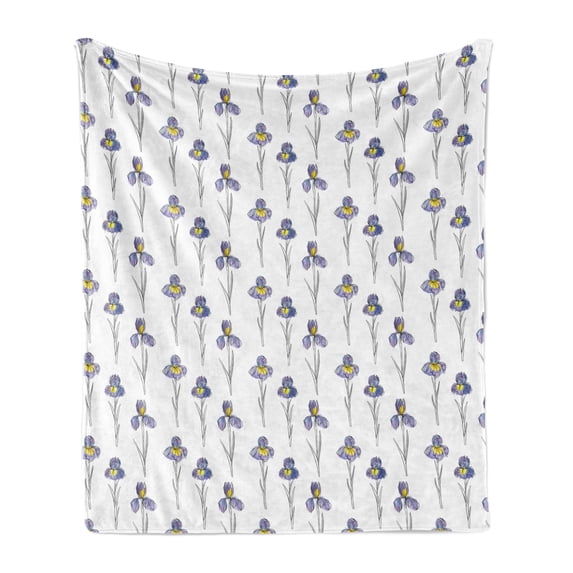 Botanical Soft Flannel Fleece Throw Blanket, Simplistic Pattern of Iris Flowers in Abstract Watercolor, Cozy Plush for Indoor and Outdoor Use, 70" x 90", Blue Violet Mustard, by Ambesonne
