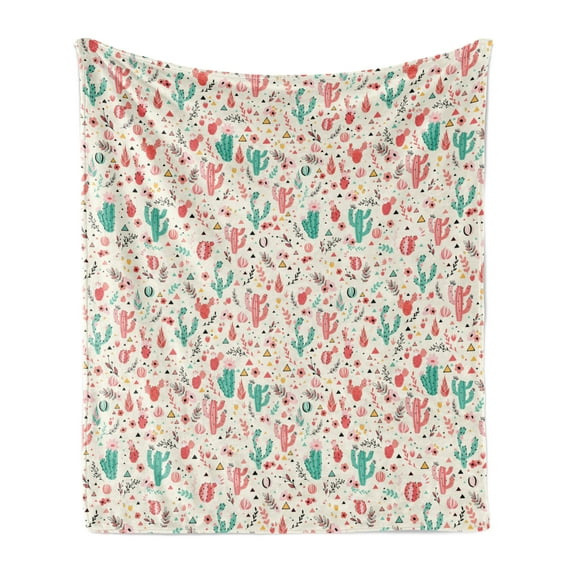 Botanical Soft Flannel Fleece Throw Blanket, Spring Blooms with Cactus Flower Bouquets Foliage Exotic Plants, Cozy Plush for Indoor and Outdoor Use, 60" x 80", Dark Coral Sea Green, by Ambesonne