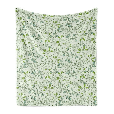 Botanical Soft Flannel Fleece Throw Blanket, Spring Season Forest Branches Leaves and Berry-Like Polka Dots, Cozy Plush for Indoor and Outdoor Use, 50" x 60", Pale Green Green, by Ambesonne