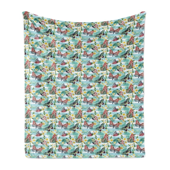 Botanical Soft Flannel Fleece Throw Blanket, Summer Themed Pattern of Butterflies and Exotic Flowers and Leaves Garden Art, Cozy Plush for Indoor and Outdoor Use, 50" x 70", Multicolor, by Ambesonne