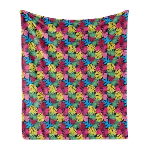 Botanical Soft Flannel Fleece Throw Blanket, Tropical and Colorful Palm Leaves Monstera Banana Leaf Exotic Green Flora, Cozy Plush for Indoor and Outdoor Use, 50" x 60", Multicolor, by Ambesonne